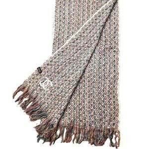 CHANEL Luxury Vintage White Blue Multi-Color Cashmere Woven Fringed Shawl Scarf
